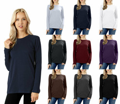 Womens Basic Cotton Long Sleeve Crew Neck Solid Shirt Top Tee Plain - £13.33 GBP