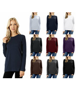Womens Basic Cotton Long Sleeve Crew Neck Solid Shirt Top Tee Plain - £13.31 GBP