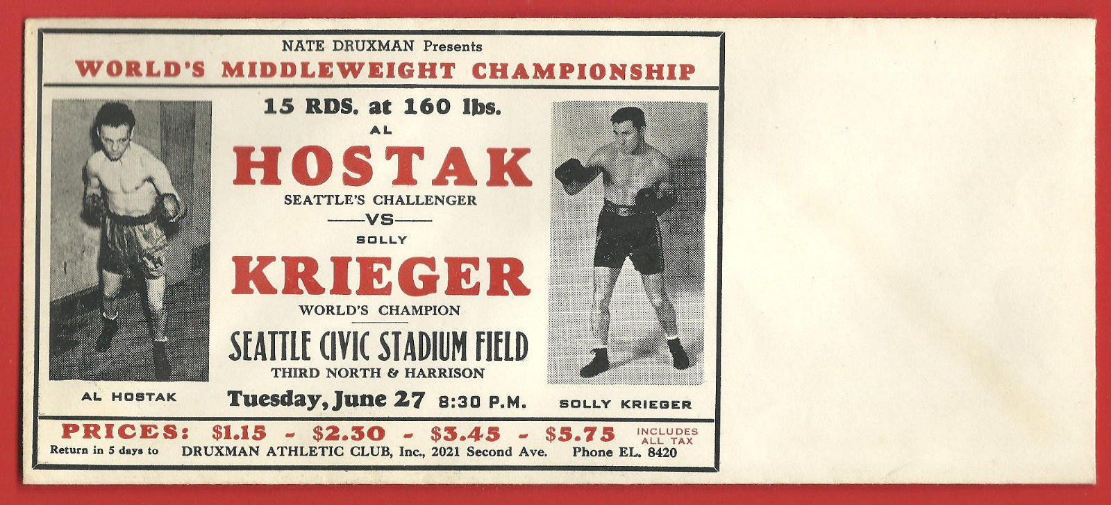 ULTRA RARE AL HOSTAK vs SOLLY KRIEGER BOXING BOUT PICTURED ENVELOPE