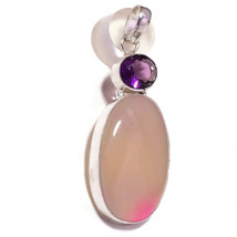 Light Pink Agate, Blue Amethyst Gemstone 925 Silver Overlay Handmade Pendant - £7.95 GBP