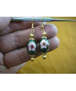 (EE603-26) Green with Pink flower CLOISONNE dangle oval gold tone EARRINGS - $496.04 MXN
