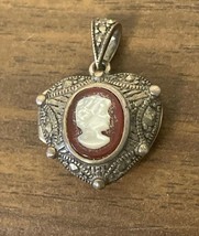 Vtg Sterling Silver Cameo Heart Mother Pearl &amp; Marcasite Locket Pendant - $34.65