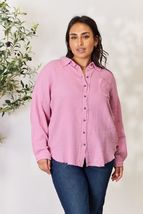 Zenana Full Size Texture Button Up Raw Hem Long Sleeve Shirt - £30.19 GBP