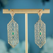 Natural Emerald Filigree Dangle Earrings in Solid 14K Gold - £1,119.09 GBP