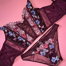 Victoria&#39;s Secret 36C L Corset Top Bra Set M Maroon Kir Pink Floral Embroidered - $79.19