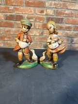 2 Plaster Hand Painted Vintage Figurines Dutch Boy And Girl With Geese Ducks - £16.60 GBP