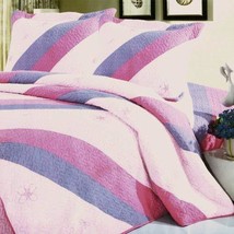Blancho Bedding [Pink Fans] 3-Pieces Stripe Printed-Quilted Cotton Quilt Set (Fu - £73.58 GBP