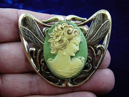 cm5-4) LADY looking down hair green + white Cameo fairy wings Pin Pendant brooch - £27.64 GBP