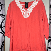 Premise Womens Size Large Tunic Top Linen Blend Coral Crochet Trim - £10.73 GBP