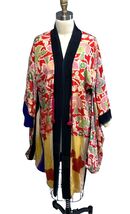Japanese Kimono Robe Vintage Silk Color Block Watercolor Floral Cool Lining - $114.79