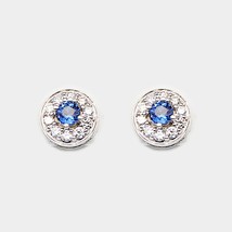 Sapphire &amp; Diamond Halo Earrings, Handcrafted in 18k White Gold, Made in... - £1,974.61 GBP