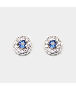 Sapphire &amp; Diamond Halo Earrings, Handcrafted in 18k White Gold, Made in... - £2,002.43 GBP