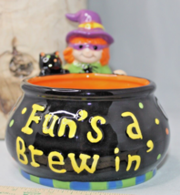 Halloween Witch Green Blue Cauldron &quot;Fun&#39;s A Brew In&quot; Ceramic Black Stud... - £7.53 GBP