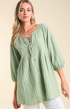 New Umgee S M Pastel Green Button Front Box Pleats Texture Cotton Long Tunic Top - £21.04 GBP