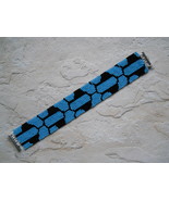 Bracelet, Capri Blue &amp; Black Geometric Motif, Peyote Stitch, Tube Clasp - $39.00