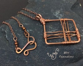 Handmade copper pendant necklace: square diamond frame cross wire wrapped - $25.00