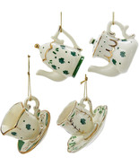 KURT ADLER SET OF 4 PORCELAIN IRISH MINI TEACUP &amp; TEAPOT XMAS ORNAMENTS ... - $29.88