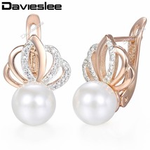 Davieslee Pearl Stud Earrings For Women 585 Rose Gold Filled Rhinestones Crown W - £8.49 GBP