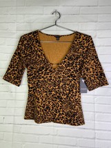 GUESS Womens Animal Cheetah Print Brown 1/2 Sleeve Maelie Top Size S - £21.80 GBP