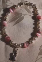Breast Cancer Ribbon Pink Cat&#39;s Eye &amp; Pearl Bracelet - Beautiful Beads! - £19.77 GBP