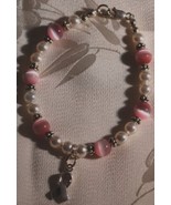 Breast Cancer Ribbon Pink Cat&#39;s Eye &amp; Pearl Bracelet - Beautiful Beads! - £19.71 GBP