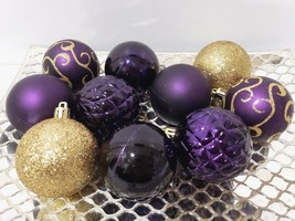 10 Christmas Purple Gold Glitter Ball Plastic Tree Ornaments Decor 2.5&quot; - £13.41 GBP