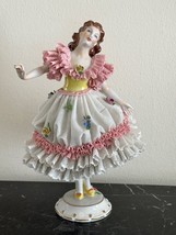 Antique Dresden Germany Volkstedt Mark Colorful Lace Porcelain Figurine - £508.15 GBP
