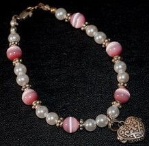  Pink Cat&#39;s Eye &amp; Swarovski Pearl bead Bracelet w Silver Prayer Box Heart Charm  - £23.56 GBP