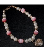  Pink Cat&#39;s Eye &amp; Swarovski Pearl bead Bracelet w Silver Prayer Box Hear... - £23.55 GBP