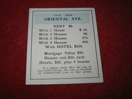 1952 Monopoly Popular Ed. Board Game Piece: Oriental Ave - Title Deed - $1.00