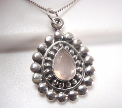 Faceted Rose Quartz Necklace Encircled w Silver Dot Accents 925 Sterling Silver - £14.34 GBP