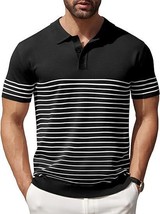 COOFANDY Men&#39;s Black with White Stripes Short Sleeve Knit Polo Shirt - Size: L - £13.76 GBP