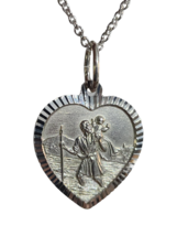 St Christopher Necklace Heart Pendant 925 Silver  18&quot; Chain Travel Protection - £21.00 GBP