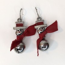 Snowman Jingle Bell Earrings Dangle Drop Silver Tone Red Enamel Vtg Christmas - £7.19 GBP