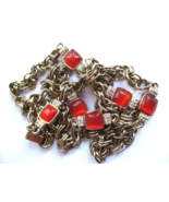 Bassett BR Necklace Pave and Red Orange Moonglow Beads Double Link Chain... - $33.24