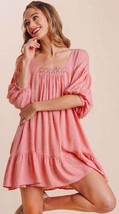 New UMGEE S M L Pink Swiss Dot Lace Trim Balloon Sleeves Dress Ruffle Hem - £22.76 GBP