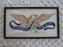 1967 Framed PLURIBUS UNUM AMERICAN EAGLE Cross Stitch on Linen  - 18-1/4... - $24.00