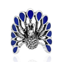 Captivating Peacock Simulated Blue Lapis Stone Feather Sterling Silver Ring-9 - £15.45 GBP