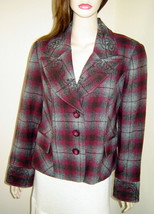 TRIBAL Cranberry/Gray/Brown Plaid Embroidered Wool Blend Jacket/Coat (12... - $39.10
