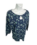 Quacker Factory Nautical Anchor Print Top Keyhole 3/4 Sleeve Navy M - $27.34 CAD