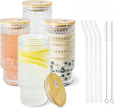 4 Pcs 16 Oz Glasses Cups Set With Bamboo Lids Straws Brush Hobnail Glass... - $36.95
