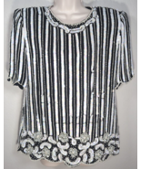 Lawrence Kazar Womens XL Black White Stripe Silk Sequin Vintage Beaded Top - $49.99