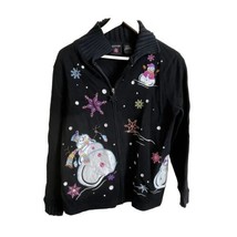 Sportelle Black Snowman Christmas Full Zip Sweater Size Large - £11.50 GBP