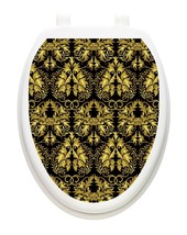 Tattoos Bathroom Lid Vinyl Cover Black and Gold Rococo Return Elongated - £10.47 GBP