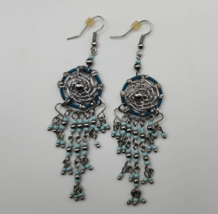 Native Style Dreamcatcher Beaded Silver Tone &amp; Teal Dangling Pierced Earrings - £11.59 GBP