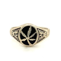 Vintage Sterling Signed 925 Inlay Black Enamel Carved Cannabis Leaf Ring 7 3/4 - £31.65 GBP