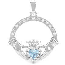 Aquamarine Diamond Claddagh  Pendant in 14k White Gold - £394.29 GBP