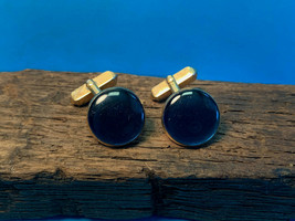 Old Vtg Collectible Gold Tone Round Blue Stone Swank Cuff Links Men&#39;s Jewelry - £23.68 GBP
