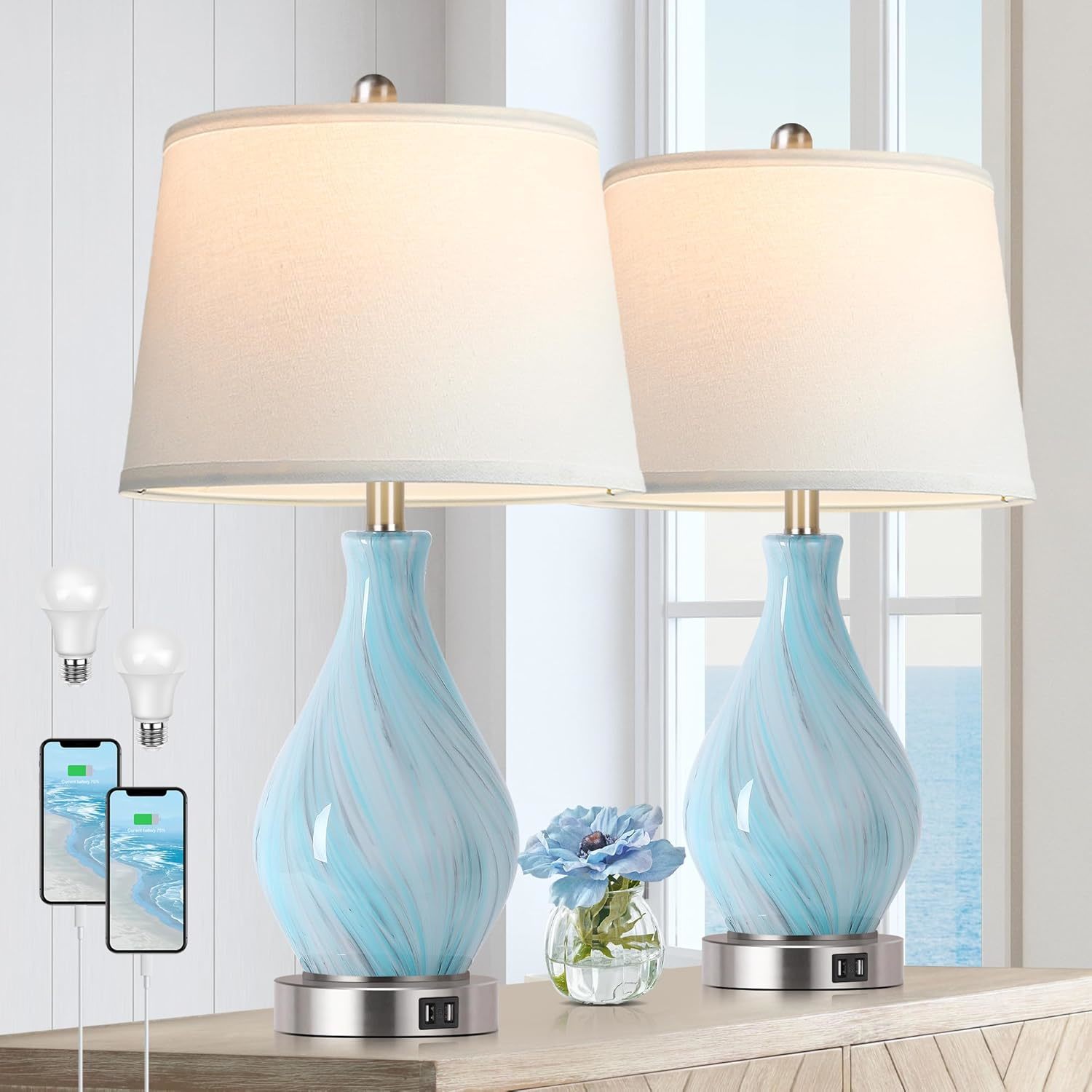 Modern Accent Table Lamp Set Of 2 Touch Control, 22" Faded Swirl Blue Gray Art G