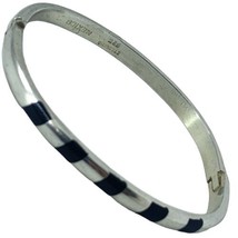 Sterling Silver &amp;Inlaid Onyx Taxco Mexico Hinged Rectangular Bangle Bracelet 17g - £71.10 GBP